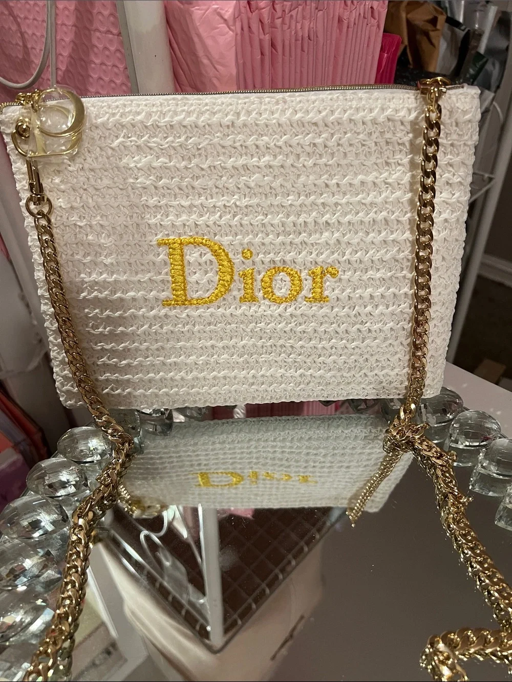 Dior Woven Pouch w-Logo and Gold Chain Attached